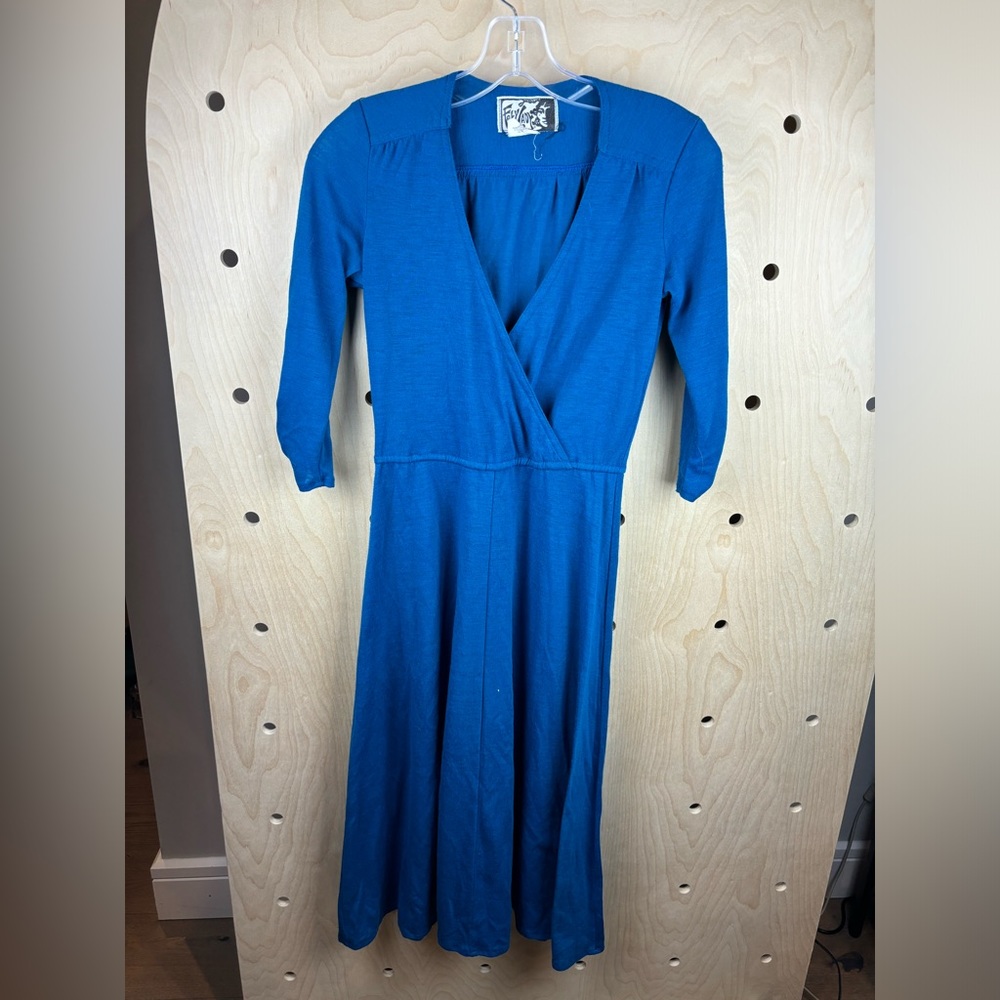 Vintage 1970’s Foxy Lady San Francisco Blue 3/4 Sleeve Wrap Front Dress Size 5/6